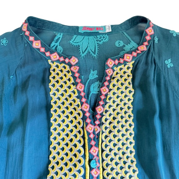 Johnny Was Tunic Women Large Teal Floral Embroidered Cupra Rayon Boho Split Neck - Picture 7 of 13